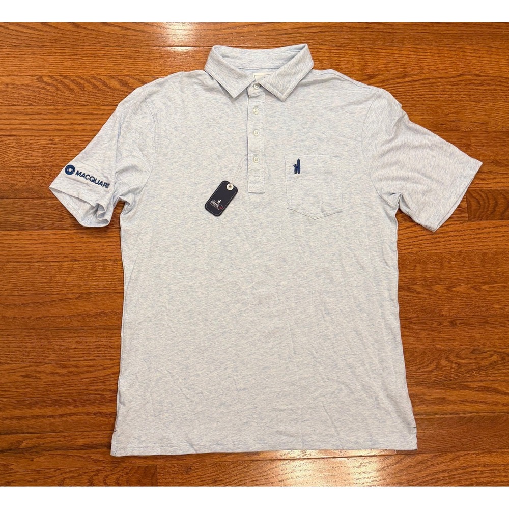 New Johnnie-O Golf Polo Shirt Mens Medium Heathered Blue Stretch Finance Logo